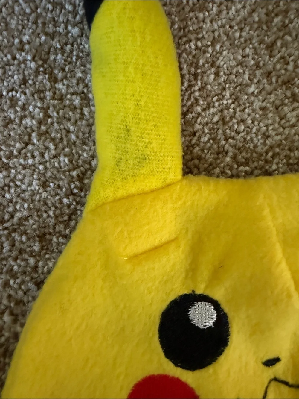Pokemon Yellow Pikachu Plush Hat with Black Ear Tips and Red Cheeks